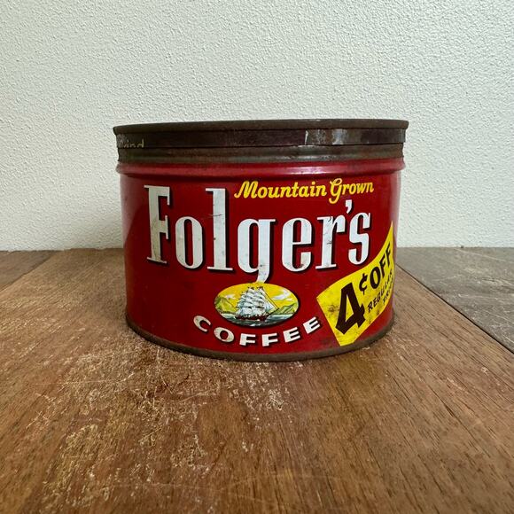 Vintage 1959 Folger's 4 Cents off Coffee Can Tin Metal Short Advertising Decor - Picture 4 of 10